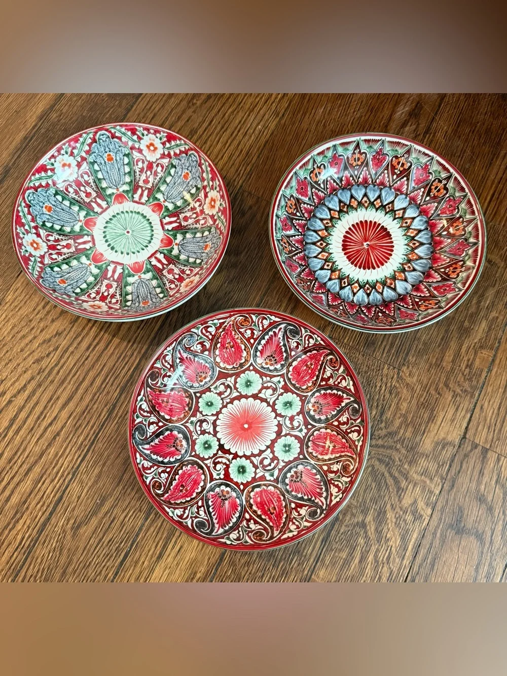 Pottery Barn Mezze 6.25” Bowls Set of 3 Red Paisley Geometric Mediterranean